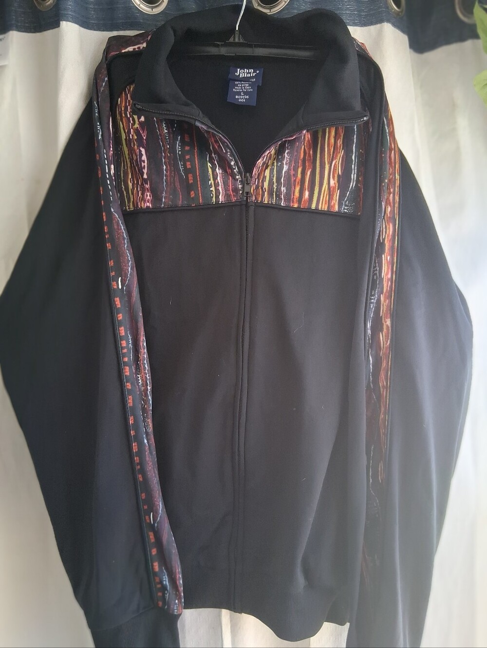 John Blair Black Zip Jacket with Multicolor Stripe Accents